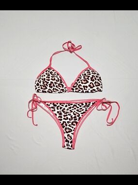 Y2K Leopard Print Bikini Set • Womens XL Pink Trim Tie Side Swimsuit